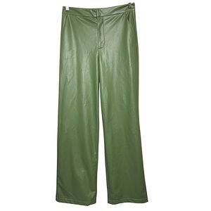 Zara Wide Leg Pants Green Faux Leather High Rise Fleece Lined Sz S Trousers